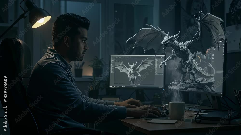 Aufkleber man creating 3d dragon model on computer. digital sculpting for game design video footage. asian mal