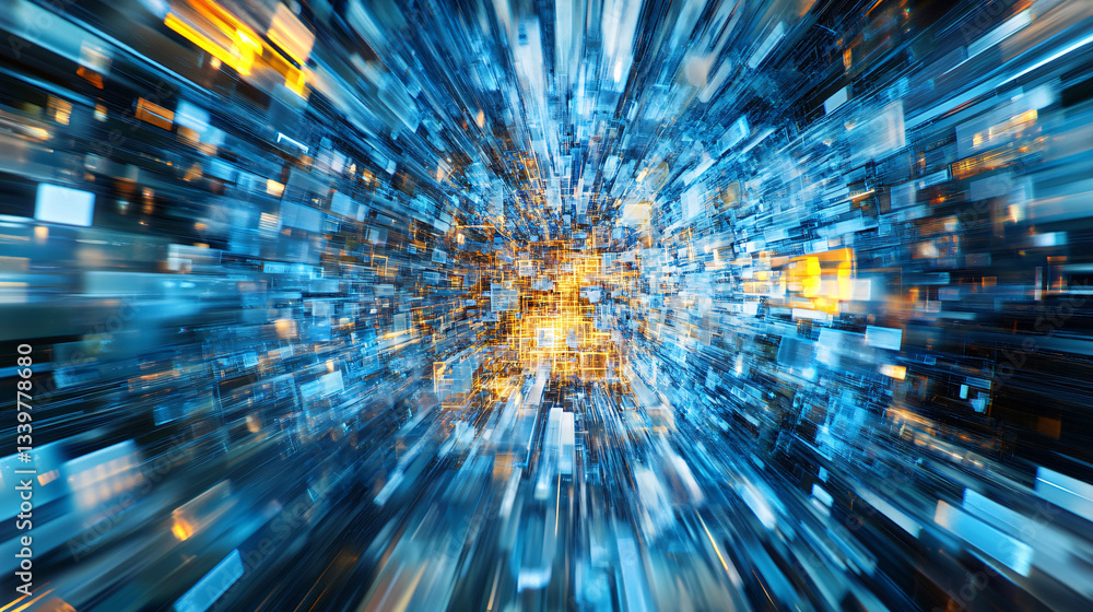 Poster abstract digital data burst with glowing blue and orange light effects creating a futuristic motion 
