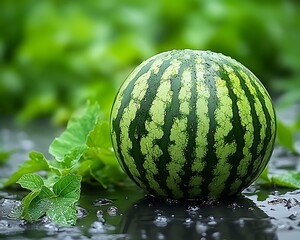 Watermelon in garden with wet leaves