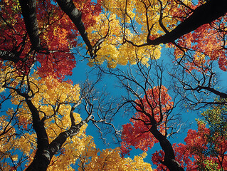 Vibrant autumn foliage viewed from below, showcasing a stunning array of red and gold leaves against a clear blue sky.