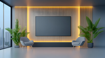 A big tv screen in a modern office breakout area; in a low angle shot, shooting up featuring hint of red