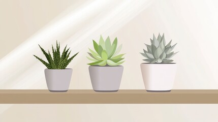 Fototapeta premium Three Succulents in Pots on a Shelf: A Minimalist Home Decor Piece
