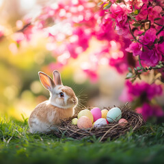 A cute white rabbit with colorful Easter eggs in a nest on green grass, with a background of pink flowers.