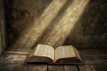 An opened ancient book illuminated by beams of light in a room