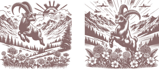 Engraving Design Set of Alpine Ibex Jumping in a Mountain Landscape with Wild Flowers – Detailed Nature-Inspired Artwork for Decorative and Artistic Creations ibex, alpine ibex, mountain