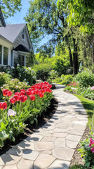 Fototapeta premium Vibrant red apeldoorn tulips along a serene garden pathway for spring gardening inspiration
