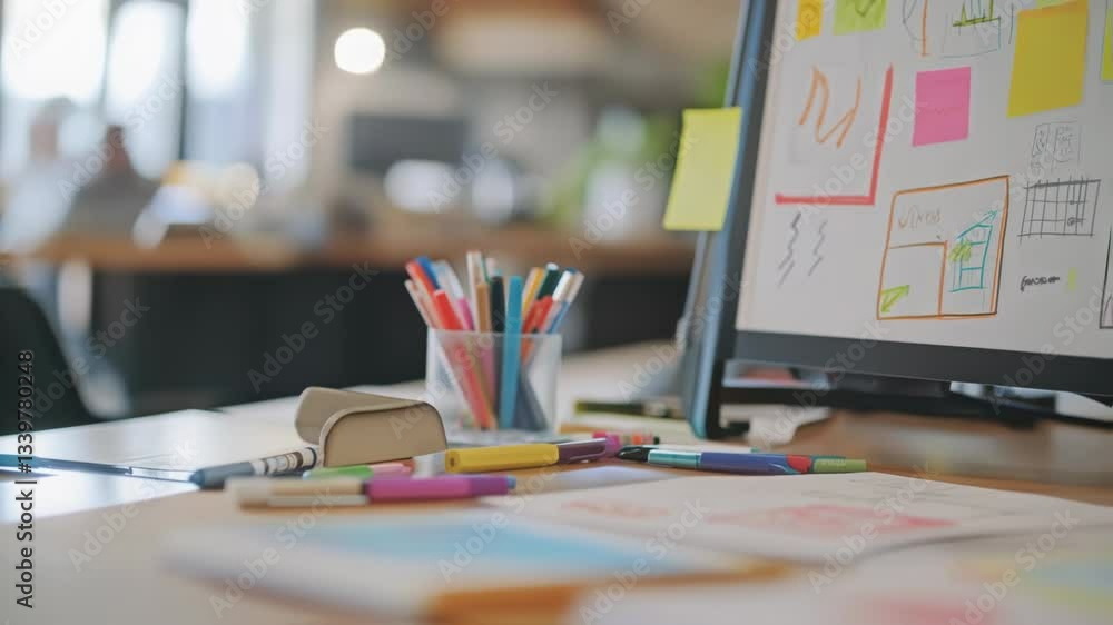 Poster coworking desk showing design thinking process with markers, sticky notes, and wireframes on a compu