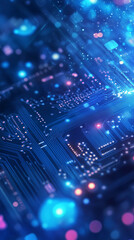 Obraz premium A high-tech futuristic circuit board with glowing blue lights and digital connections representing technology innovation and advanced computing 