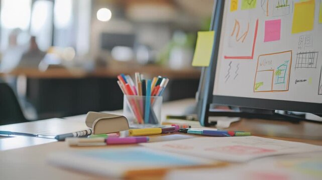 Coworking desk showing design thinking process with markers, sticky notes, and wireframes on a computer screen in a busy office environment