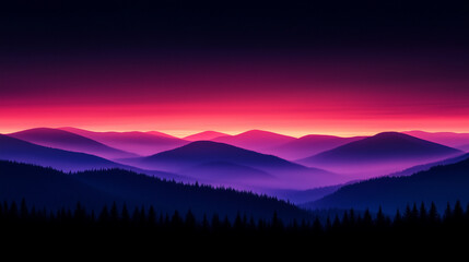 Fototapeta premium Vibrant Purple and Pink Sunset Over Layered Mountain Ridges 