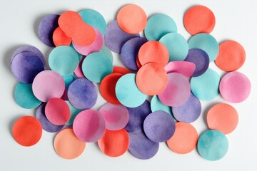 Colorful round confetti scattered on a white background, a vibrant and festive concept Background with colorful pastel dots for a celebration Generative AI
