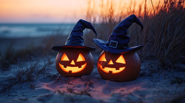 Halloween Jack-o'-lanterns on the beach at sunset