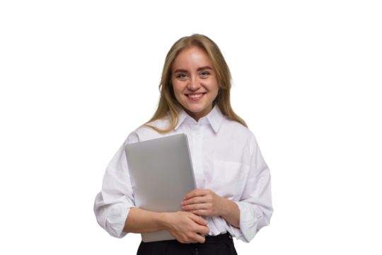 Young woman smiles while holding a laptop in a professional setting - Powered by Adobe