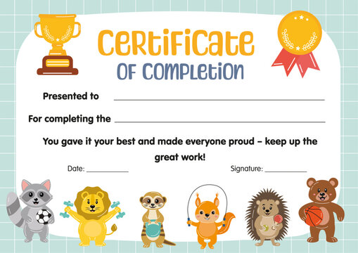 Certificate of completion, participation for kids in sport competitions. Kids sport diploma, template appreciation certificate in school preschool kindergarten, summer camp. Certificate of achievement
