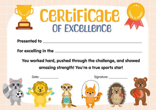 Certificate of excellence for kids in sport competitions. Diploma template for kids, certificate of appreciation for sport in school preschool kindergarten, summer camp. Certificate of achievement.