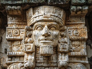 Obraz premium Ancient Mayan Stone Carving: A close-up of an intricately carved stone head of a Mayan figure, with detailed facial features and elaborate headdress. The sculpture.