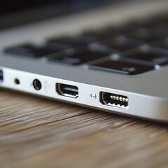 Close-up of a laptop's modern 3.5mm headphone jack. Technology concept.