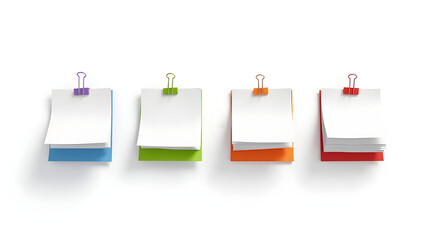 Blank Blue Green Orange Red Memo Pads Binder Clips - Office Supplies Stationery Mockup Template Flat Lay for Business Education Reminder To Do List