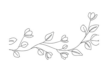 Elegant Line Art Floral Branch Design, Simple Flowers, Leaves, Botanical Illustration © Chaya