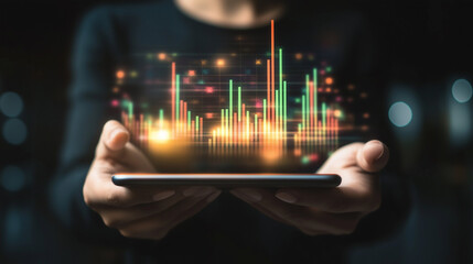 A business professional holding a tablet displaying a glowing 3D financial graph with rising bars and data points, symbolizing digital analytics, growth, and technology.