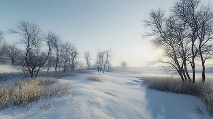 Obraz premium Snow laden pines line a winding trail in winters embrace image