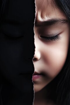 Portrait of a young asian girl with half shadowed face and closed eyes