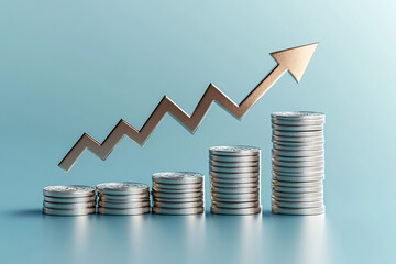 Stacks of silver coins with an upward arrow on a blue background representing financial growth and stability  
