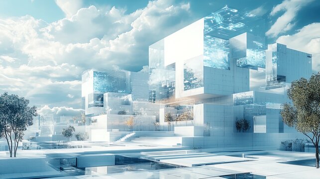An abstract education hub with holographic teaching modules and futuristic architecture 