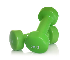 Green dumbbells isolated on white. Sports equipment