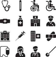 A collection of black and white medical tool icons on white background
