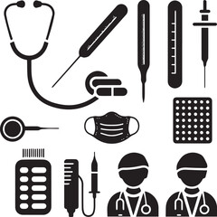 A collection of black and white medical tool icons on white background
