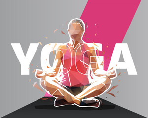 Yoga design, low polygonal personal trainer. Sports background, banner with fitness woman