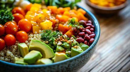 Vegan Buddha bowl with quinoa, avocado, and fresh vegetables
