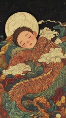 A sleeping child rests peacefully under a glowing full moon