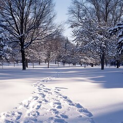 Snow covered trees frame a narrow trail lost in winter image