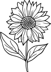 Single Bloom of Sunflower in Line Sketch, Modern Black Floral Art, Flower Ornament in Line Drawing