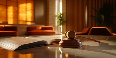 Obraz premium A law office scene featuring a gavel and an open book on a polished table. Warm sunlight creates a welcoming atmosphere. Ideal for legal themes and professional settings. AI