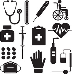 A collection of black and white medical tool icons on white background