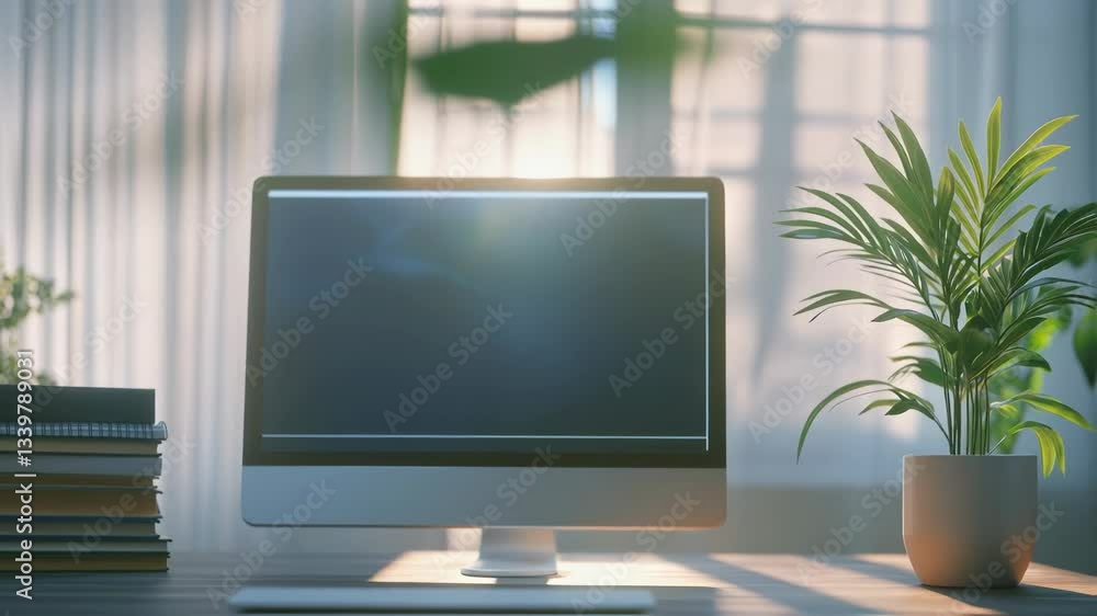 Poster sunlight illuminates a modern home office workspace featuring a computer with a blank screen and a d