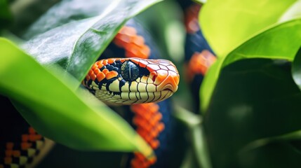 A colorful snake peers from behind lush green leaves