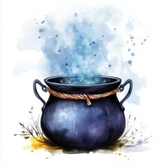 Cauldron with boiling potion. Vector watercolor illustration of tableware