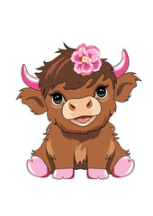 Cute baby highland cow with a pink flower on her head