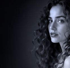 Fototapeta premium Mysterious Black and White Portrait of a Curly-Haired Woman
