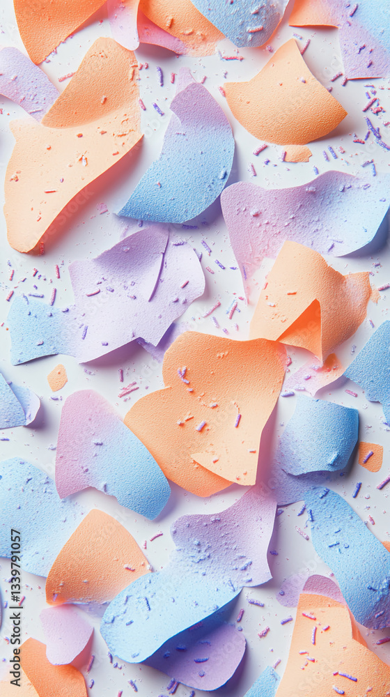 Poster abstract image of pastel-colored paper scraps scattered on white background, creating a playful and 