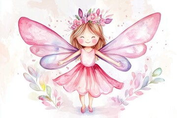 Cute Fairy character watercolor illustration on white background. Magic fantasy cartoon pink fairytale design. Baby girl birthday