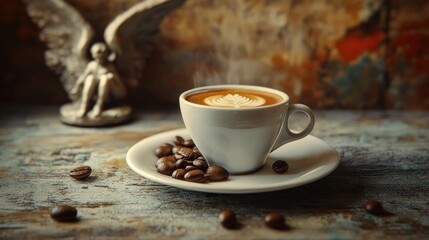 Steaming Latte with Coffee Beans and an Angel Figurine