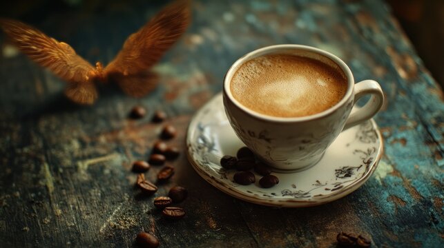 Cup of Coffee with Coffee Beans and Blurred Bird Wings