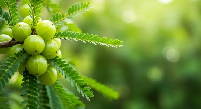 Aamla or Amla, Indian gooseberry fruit with leaves in blur background