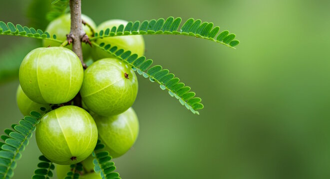 Aamla or Amla, Indian gooseberry fruit with leaves in blur background