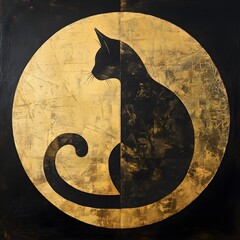 Mystical Black Cat: A symbolic illustration of a sleek black cat silhouette set against a textured golden moon, evoking themes of mystery, magic, and the balance of light and darkness.